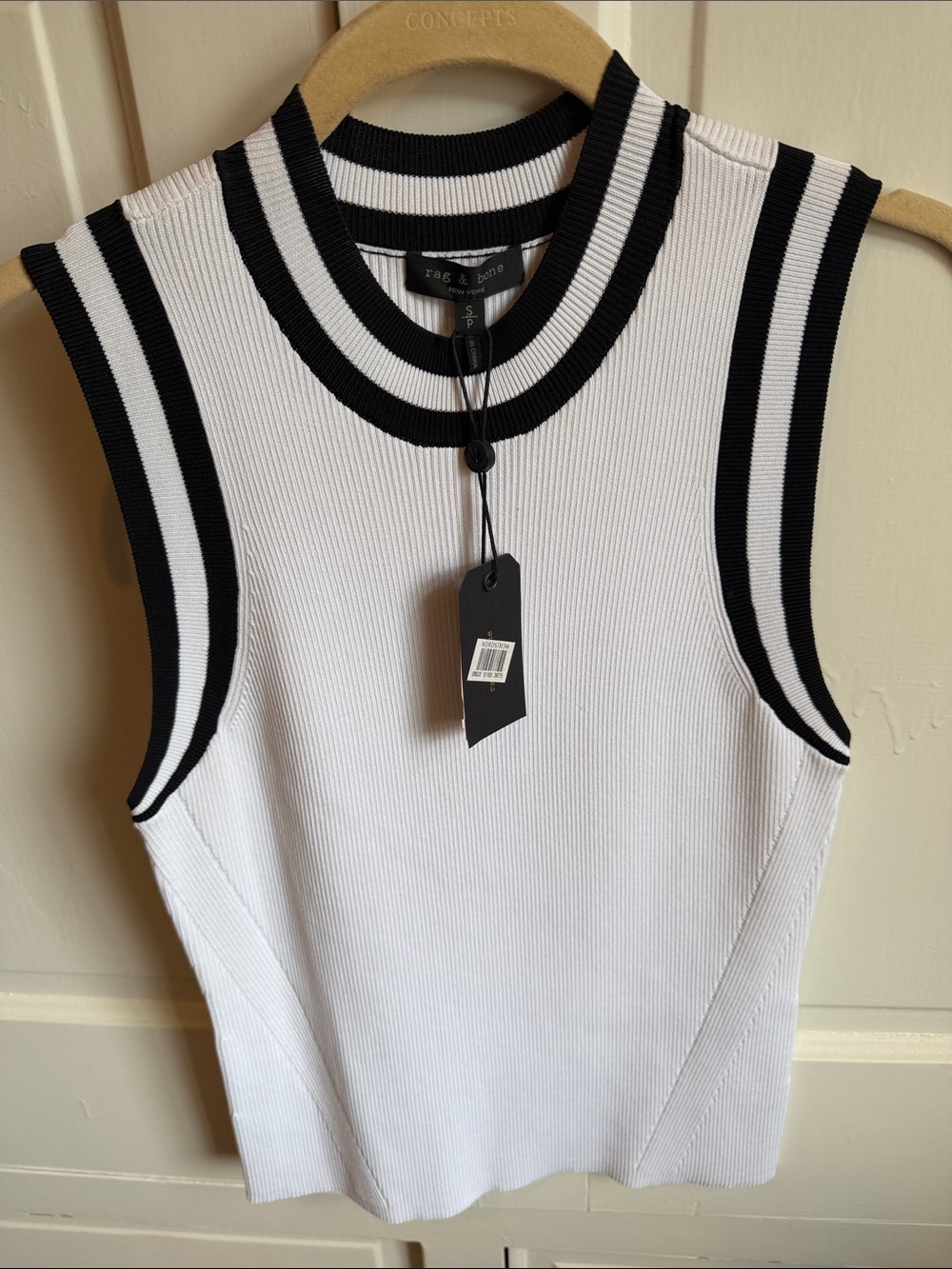 rag & bone White Ribbed light-weight sweater Tank with Black Trim